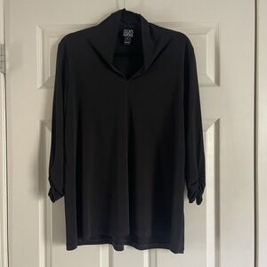 Clara Sun Woo Tunic Blouse Womens Small Black Pullover 3/4 Ruched Sleeve V-Neck